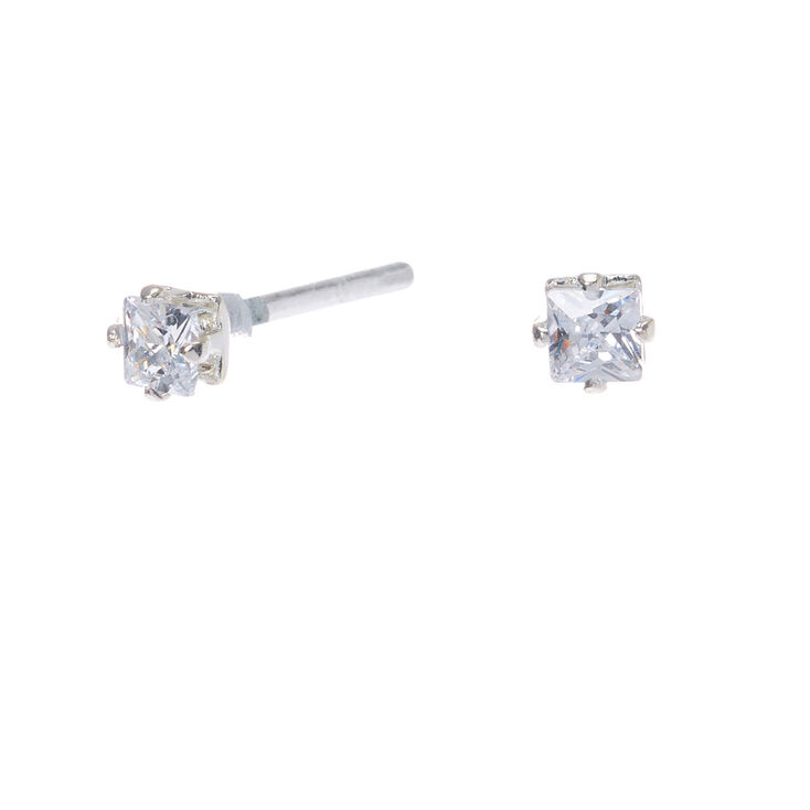 Silver Cubic Zirconia Square Stud Earrings - 3MM | Claire's