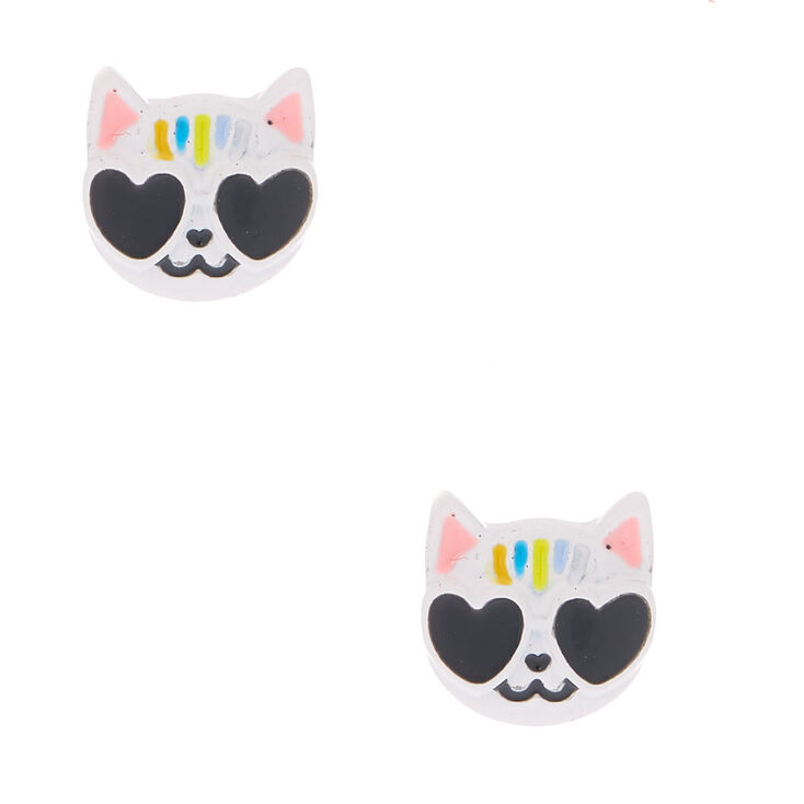 Cool Cat Stud Earrings - White,