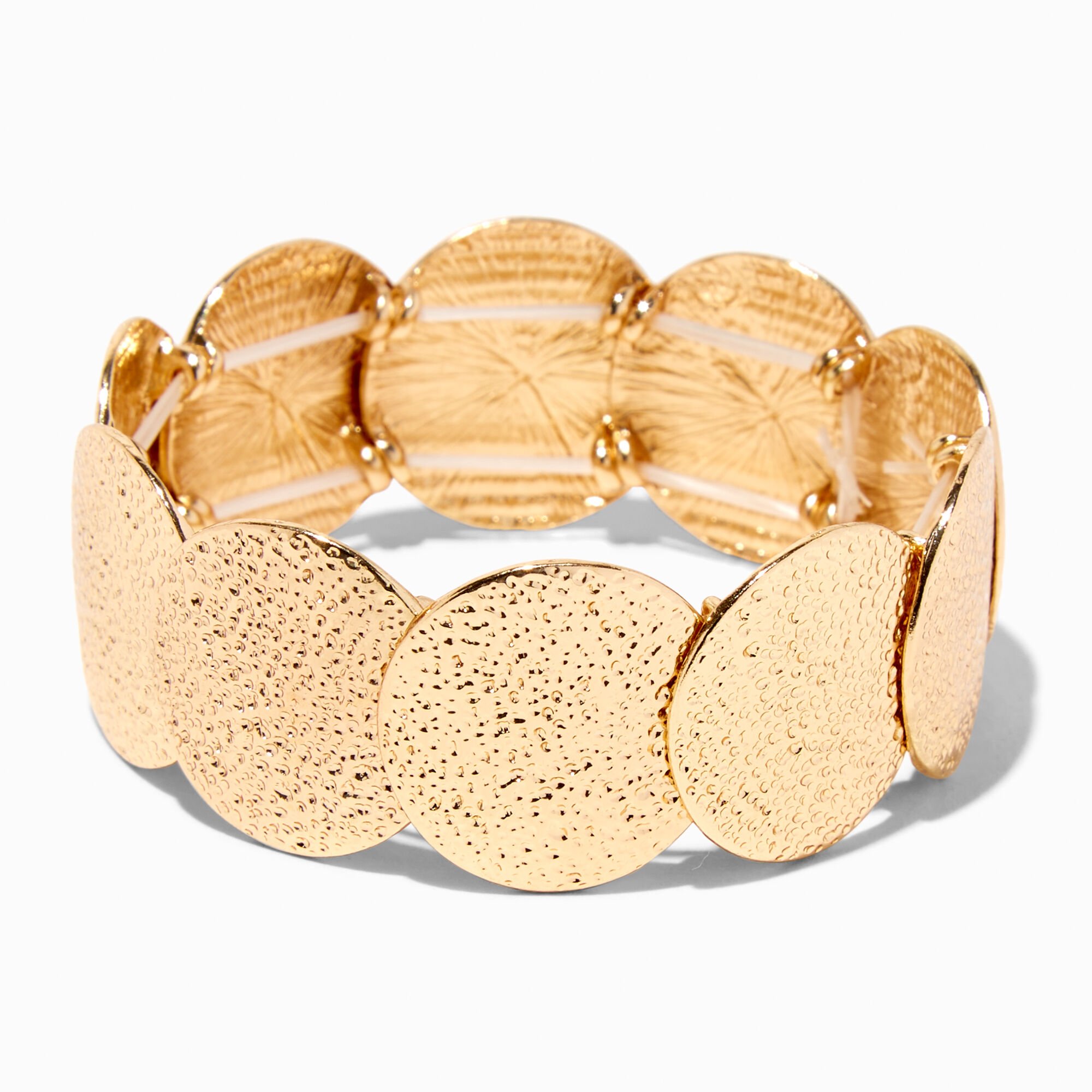 View Claires Tone Textured Discs Stretch Bracelet Gold information