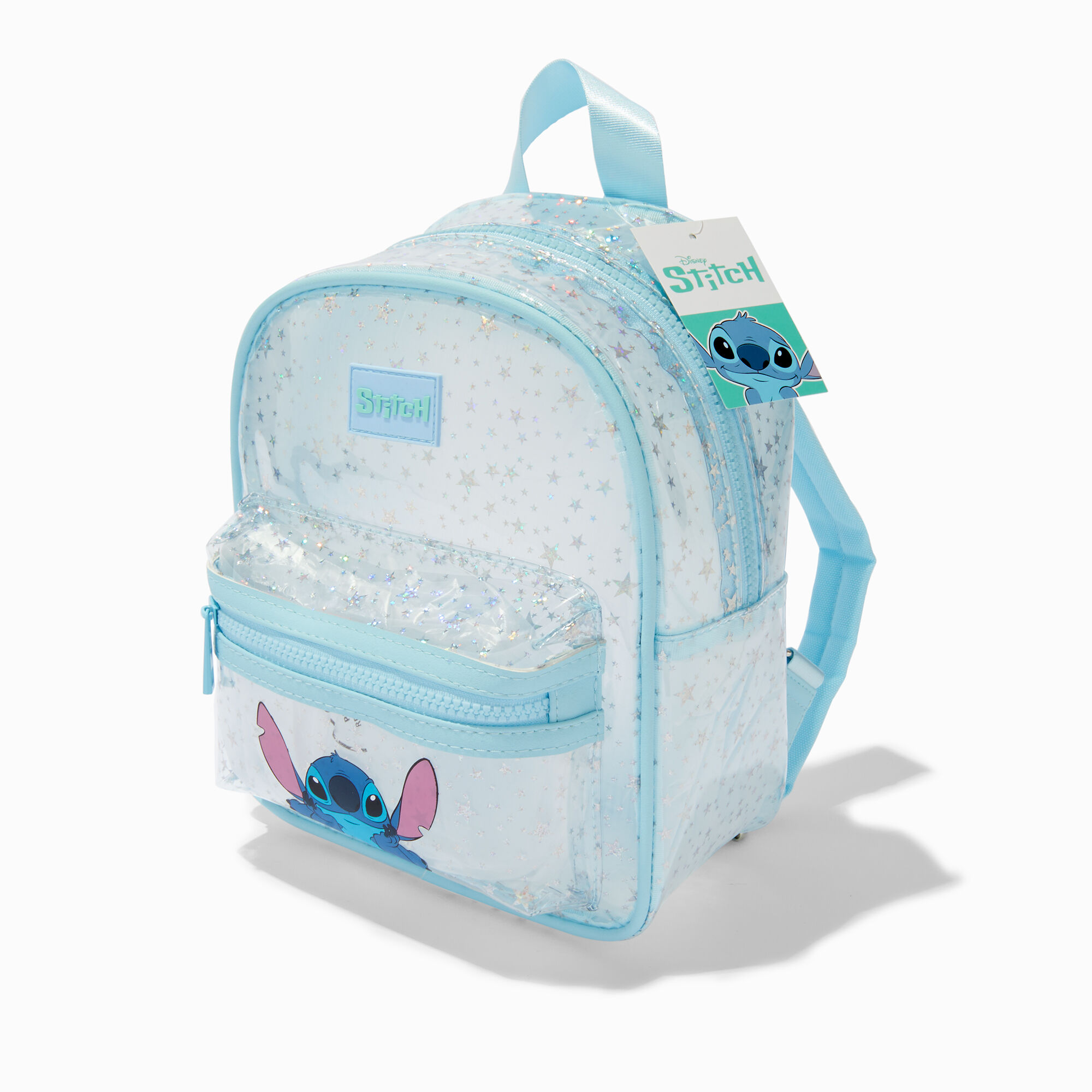 View Claires Disney Stitch Clear Glitter Backpack information
