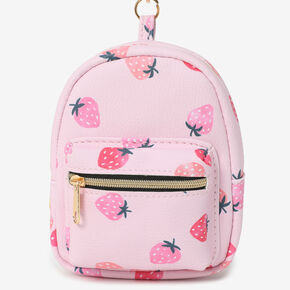 Pink Strawberry Print Mini Backpack Keychain,