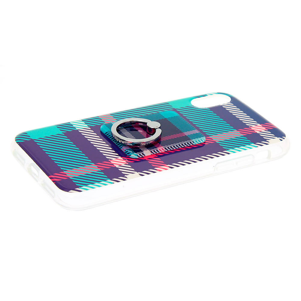 Navy Plaid Ring Holder Protective Phone Case - Fits iPhone X/XS,