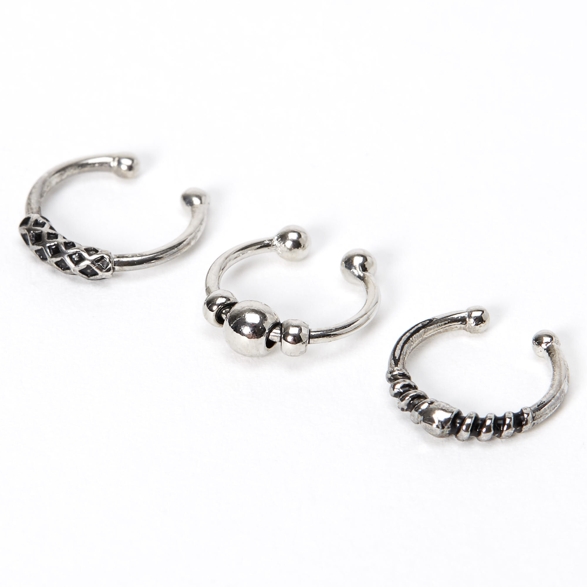 Silver Beaded Bar Faux Hoop Nose Rings 3 Pack Claire s