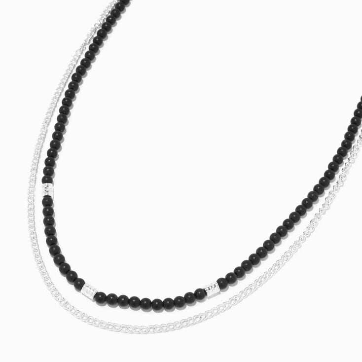 Silver Curb Chain &amp; Black Beaded Multi-Strand Necklace,