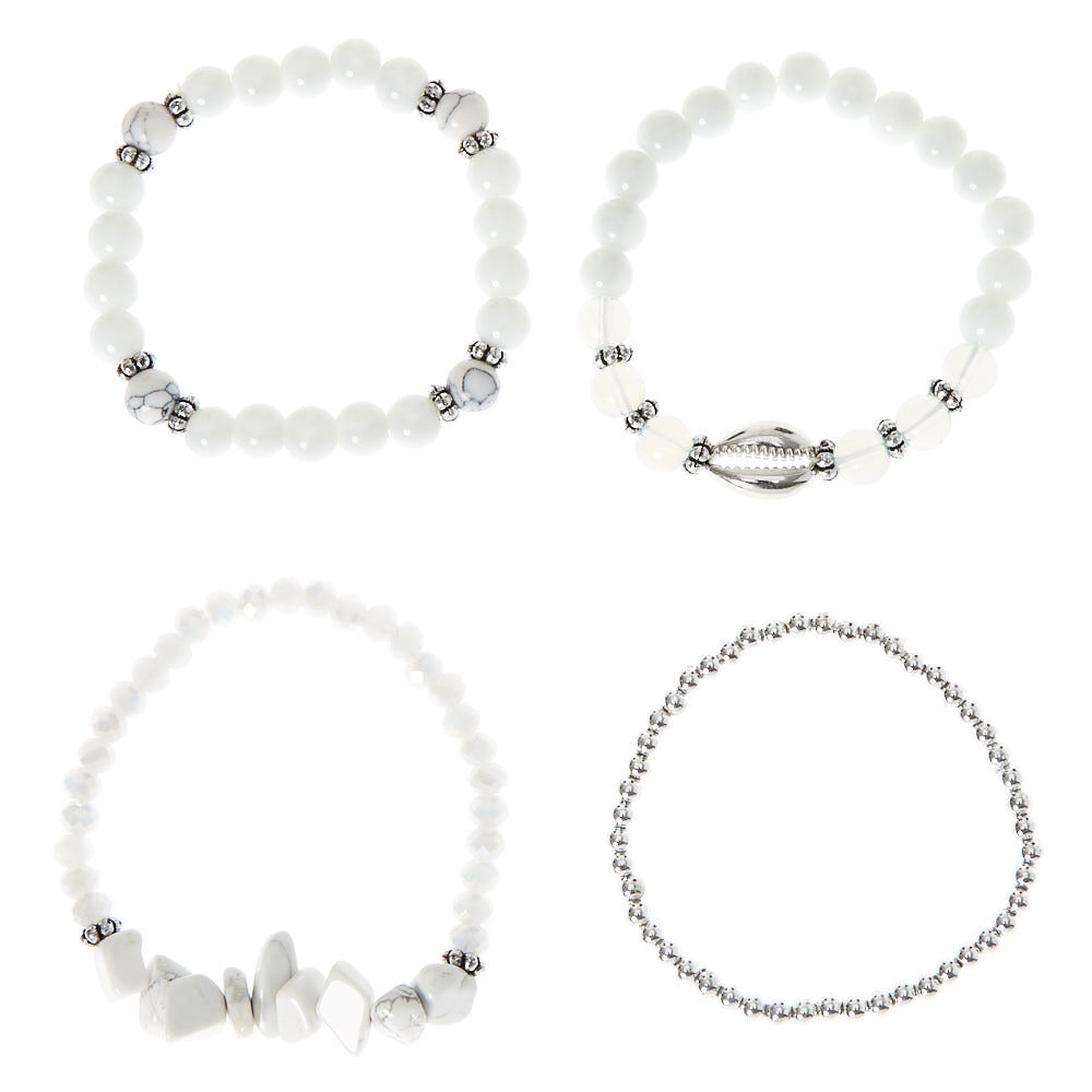 Howlite Bead Stretch Bracelets - White, 4 Pack,