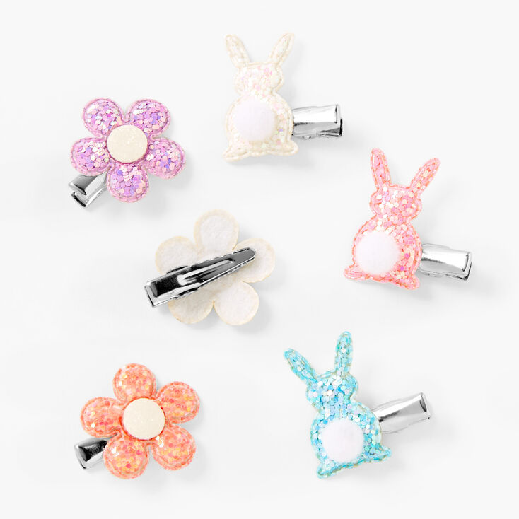 Easter Bunny &amp; Glitter Flower Hair Clips - 6 Pack,