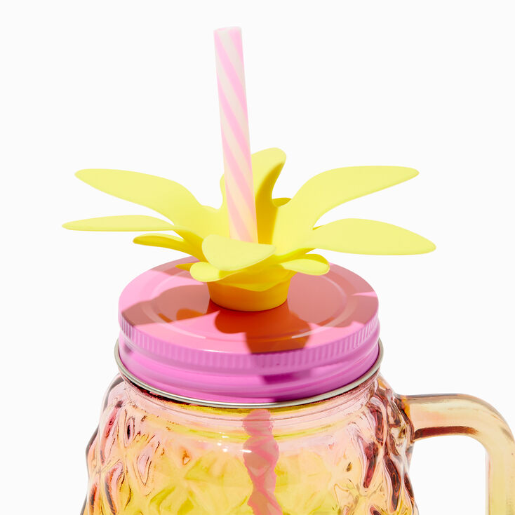 Pineapple-Shaped Mason Jar Mug Glasses with Handles, Straws & Lids