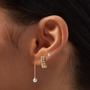 Gold-tone Pearl Threader Hoop Earrings Stackables Set - 3 Pack ,