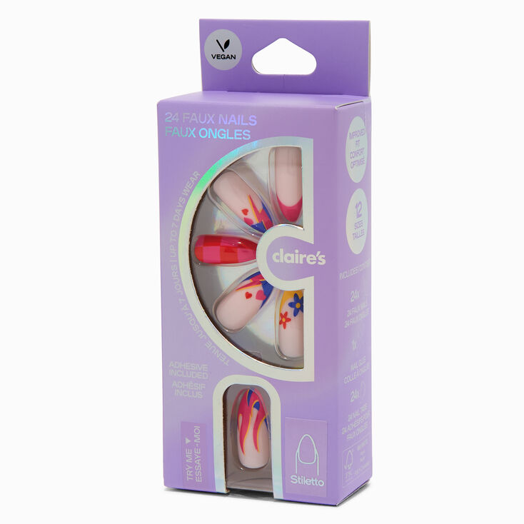 Red Check &amp; Floral Icon Stiletto Vegan Faux Nail Set - 24 Pack,
