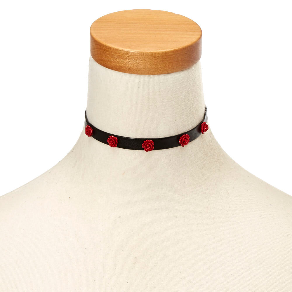 Black Leather Red Rose Choker Necklace Claire s