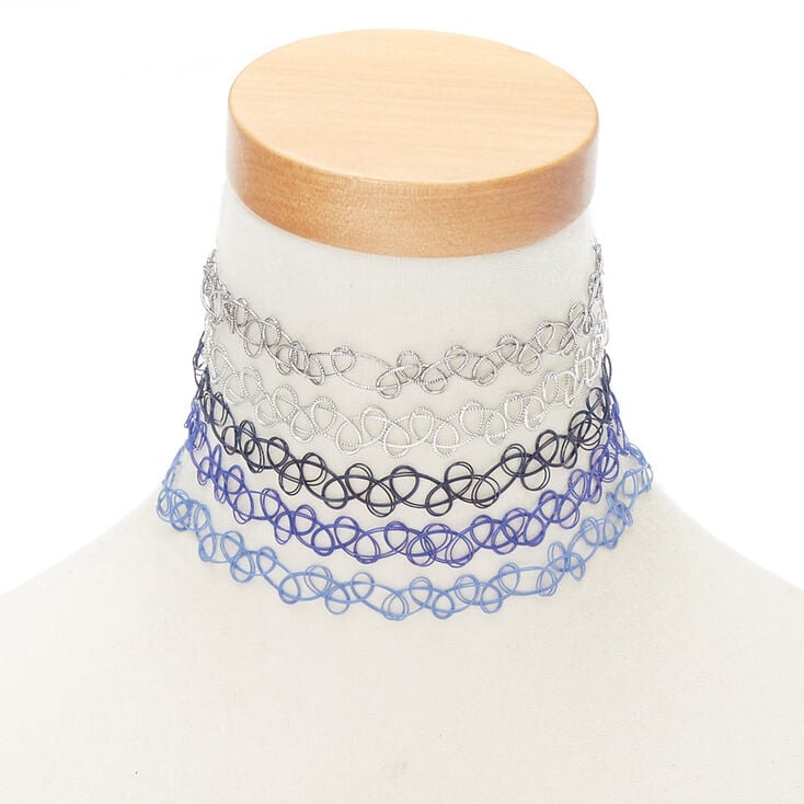 Mixed Metallic Tattoo Choker Necklaces - Blue, 5 Pack,
