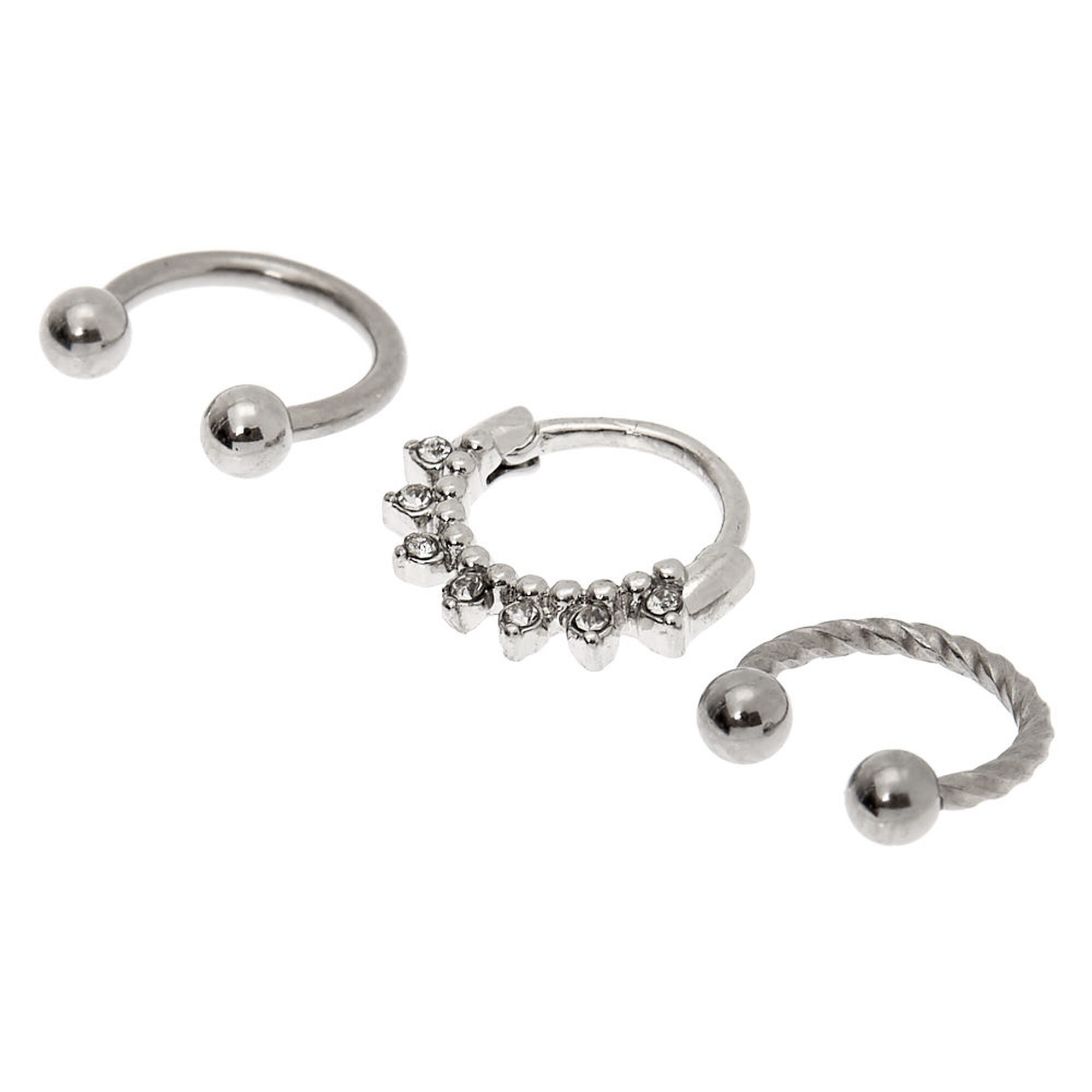 View Claires Tone Twisted Crystal Cartilage Hoop Earrings 3 Pack Silver information