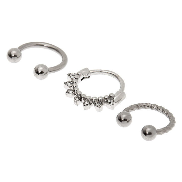 Silver-tone Twisted Crystal Cartilage Hoop Earrings - 3 Pack,