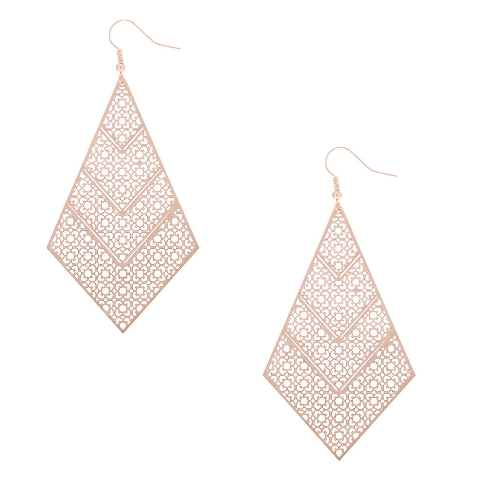 Rose Gold 3" Filigree Diamond Drop Earrings,