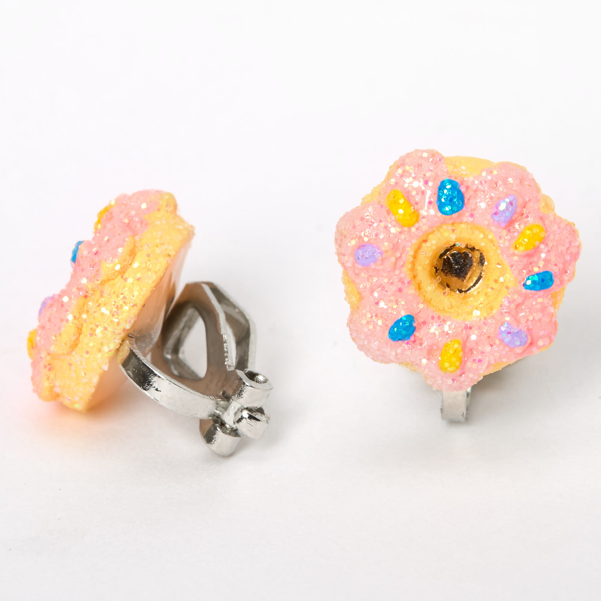 Silver Glitter Donut Clip On Stud Earrings Pink