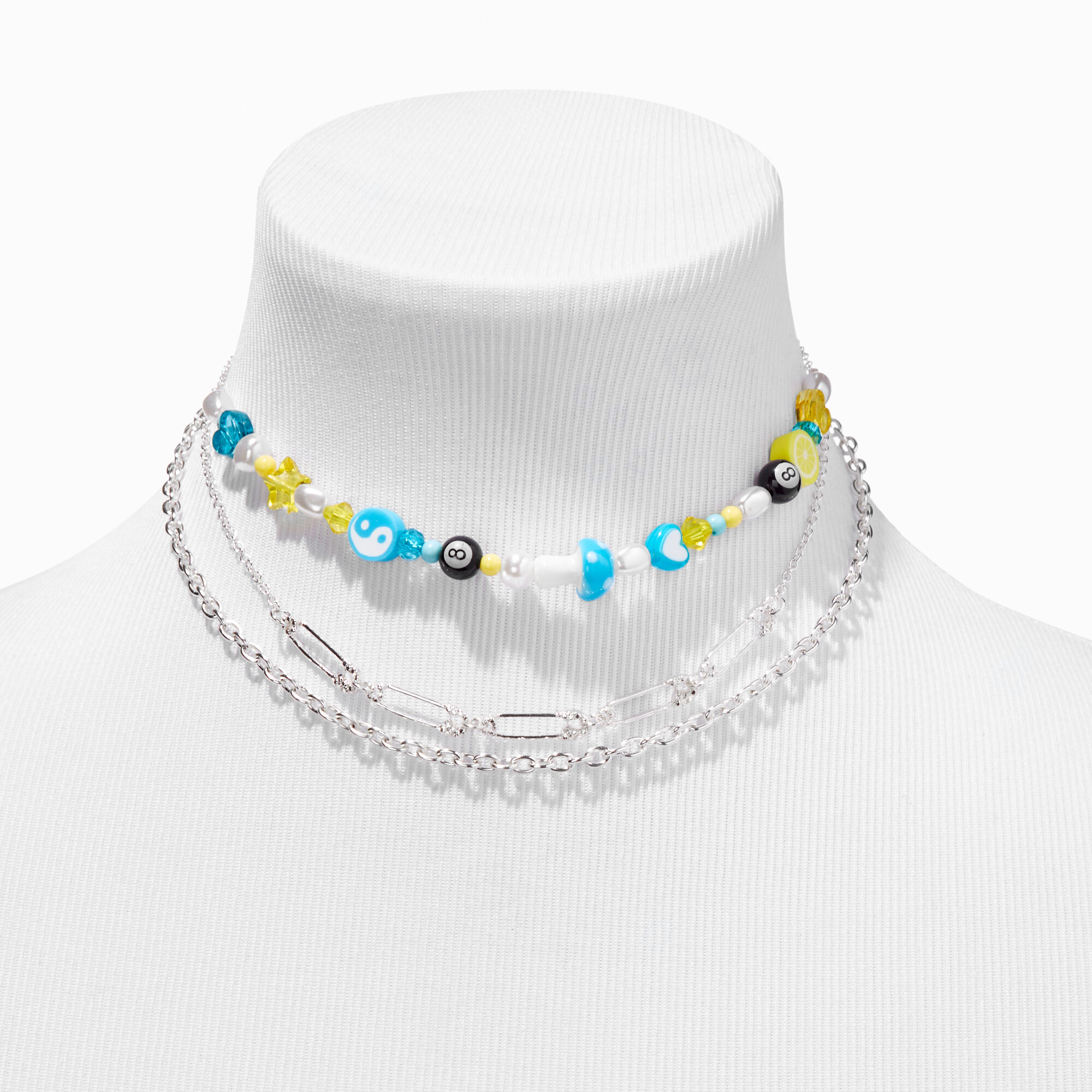 Blue Mushroom Safety Pin Multi-Strand Necklace,