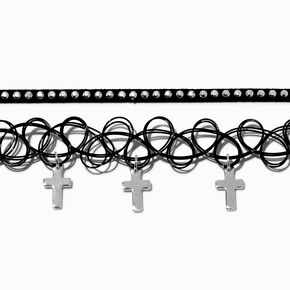 Black Ribbon &amp; Tattoo Cross Dangle Choker Necklaces - 2 Pack,