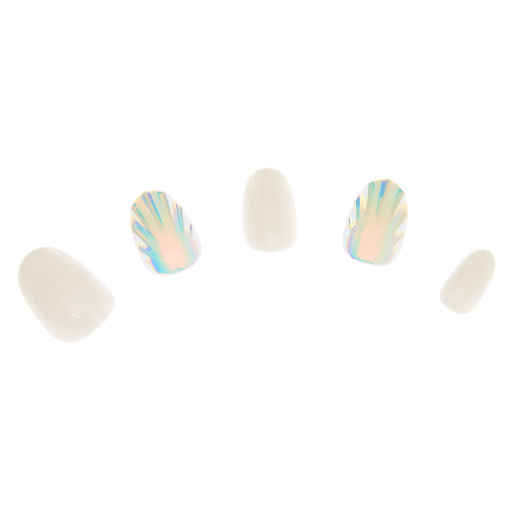 Holographic Shell Round Faux Nail Set - White, 24 Pack,