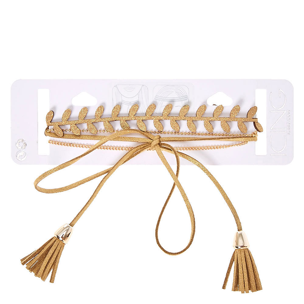 Suede Gold Chain Choker Headwrap - Beige,