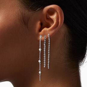 Silver-tone Cup Chain Pearl Earring Stackables Set - 3 Pack,