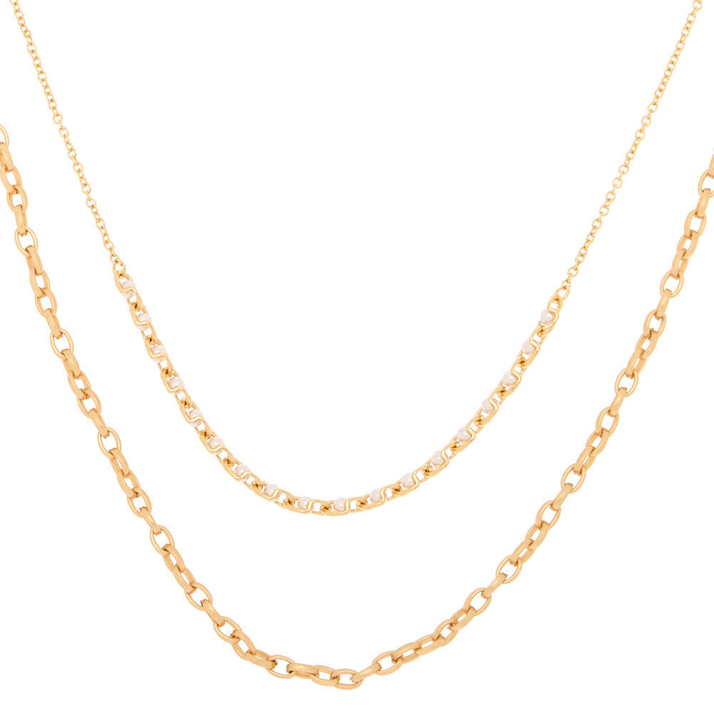 Gold Pearl Double Chain Statement Necklace,