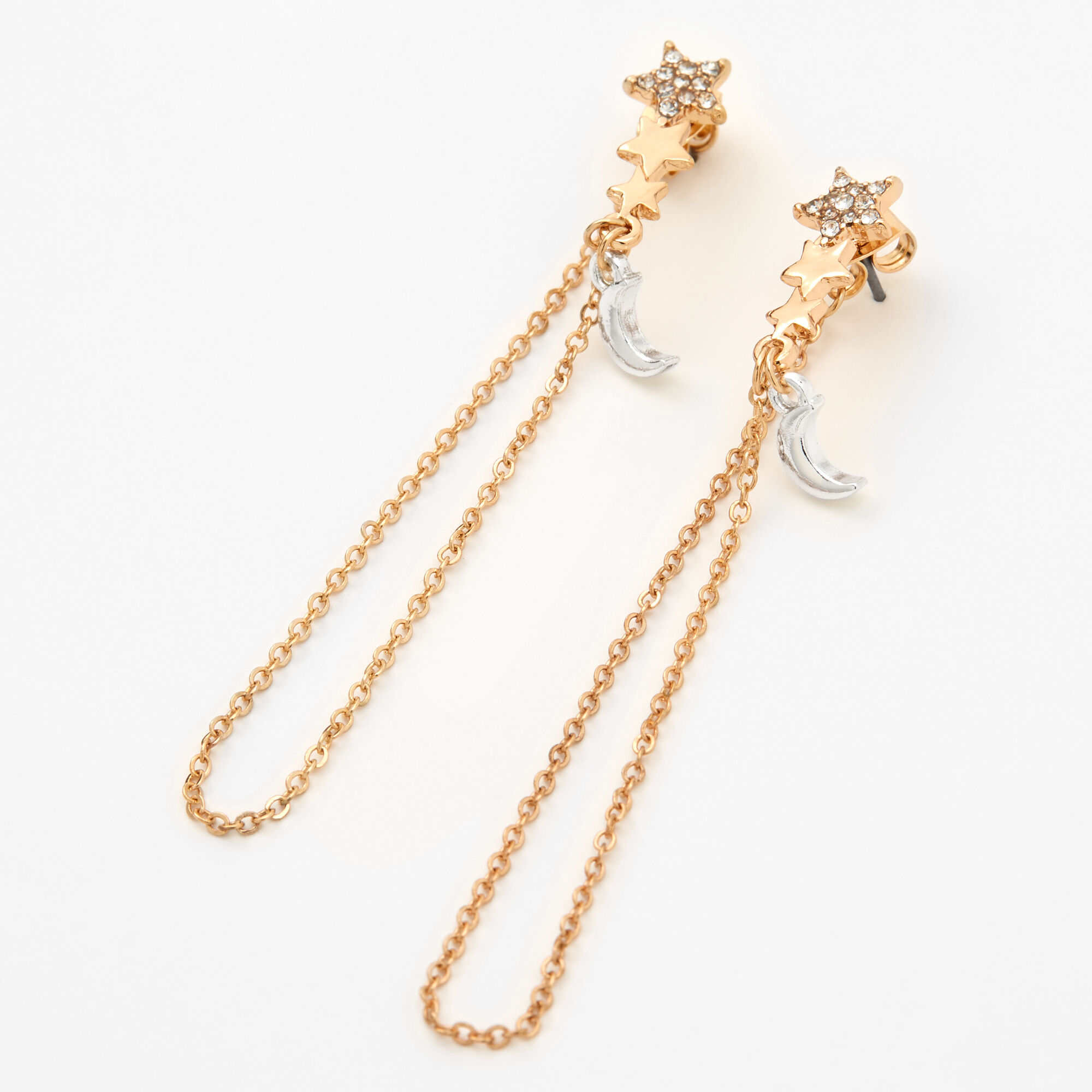 View Claires Tone 25 Celestial Chain Drop Earrings Gold information