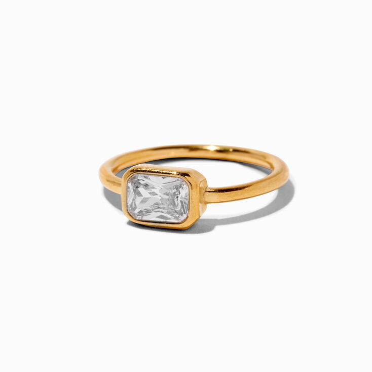 Gold-tone Stainless Steel Rectangular Crystal Solitaire Ring,