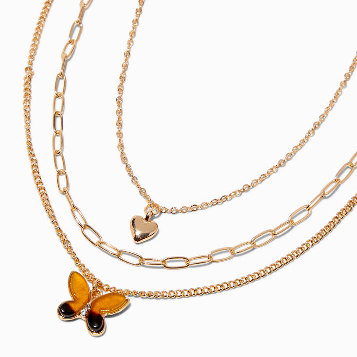 Gold-tone Heart &amp; Butterfly Pendant Multi-Strand Necklace,
