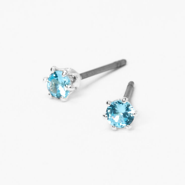 Silver Cubic Zirconia Round Stud Earrings - Turquoise, 3MM,