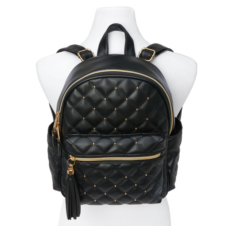 Black Faux Leather Gold Pearl Studded Backpack,