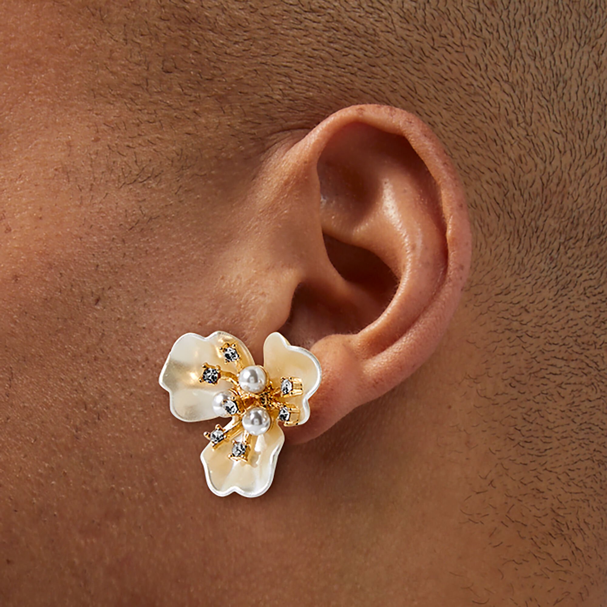 Pearl & Crystal Flower Gold-tone Stud Earrings,
