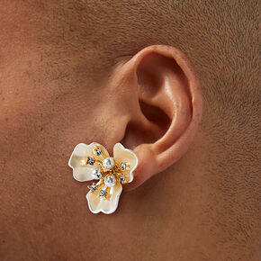 Pearl &amp; Crystal Flower Gold-tone Stud Earrings,