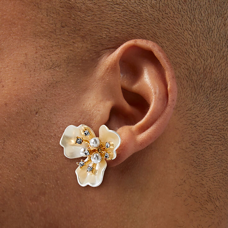 Pearl &amp; Crystal Flower Gold-tone Stud Earrings,