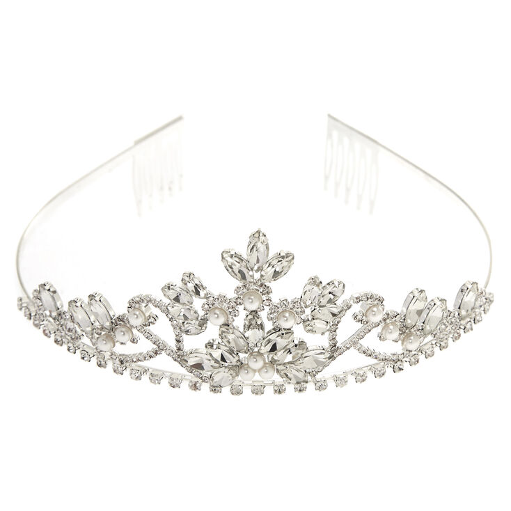 Claire's Diadème pyramide strass et fleur en perles d'imitation couleur argentée