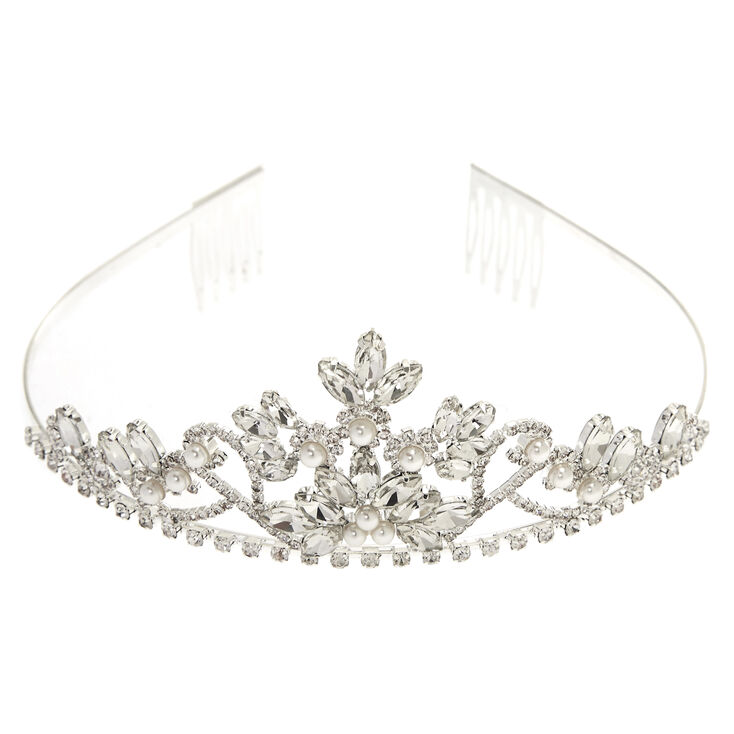 Silver-tone Rhinestone &amp; Pearl Flower Pyramid Tiara,