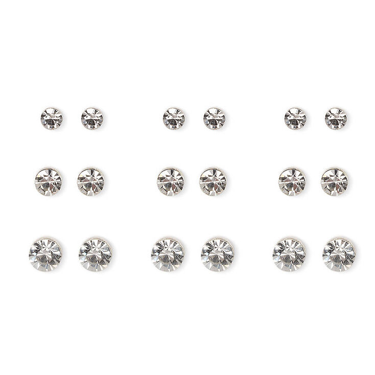 Silver Graduated Crystal Bezel Stud Earrings - 9 Pack,