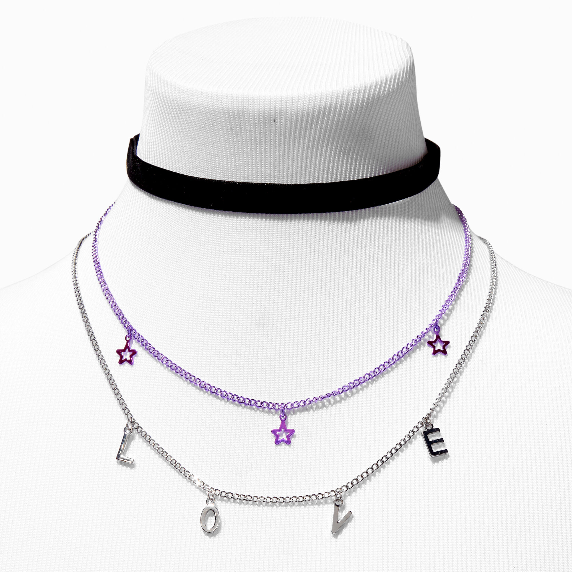 View Claires Club Love Star Multi Strand Choker 3 Pack Purple information