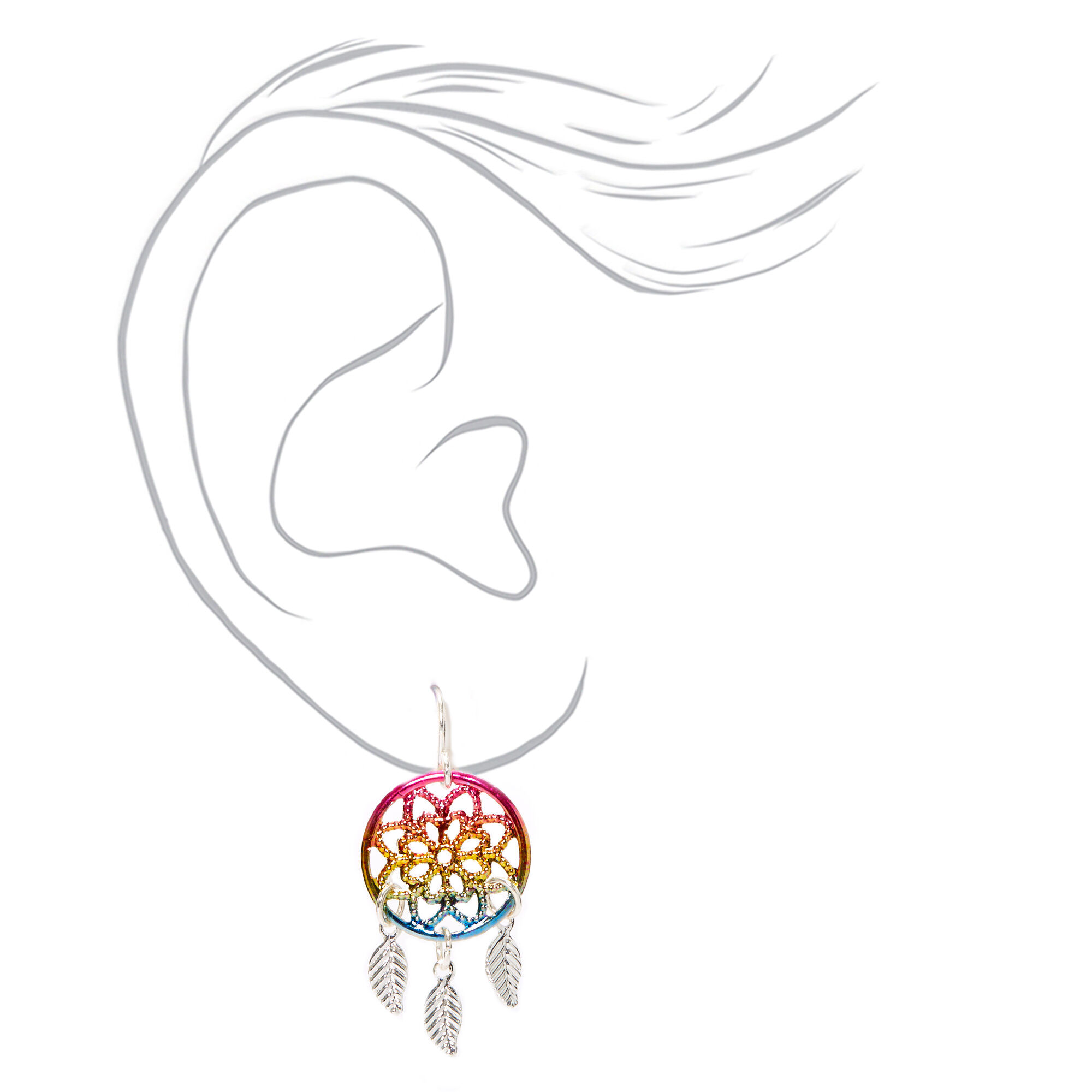 Silver 1.5" Rainbow Ombre Dreamcatcher Drop Earrings,