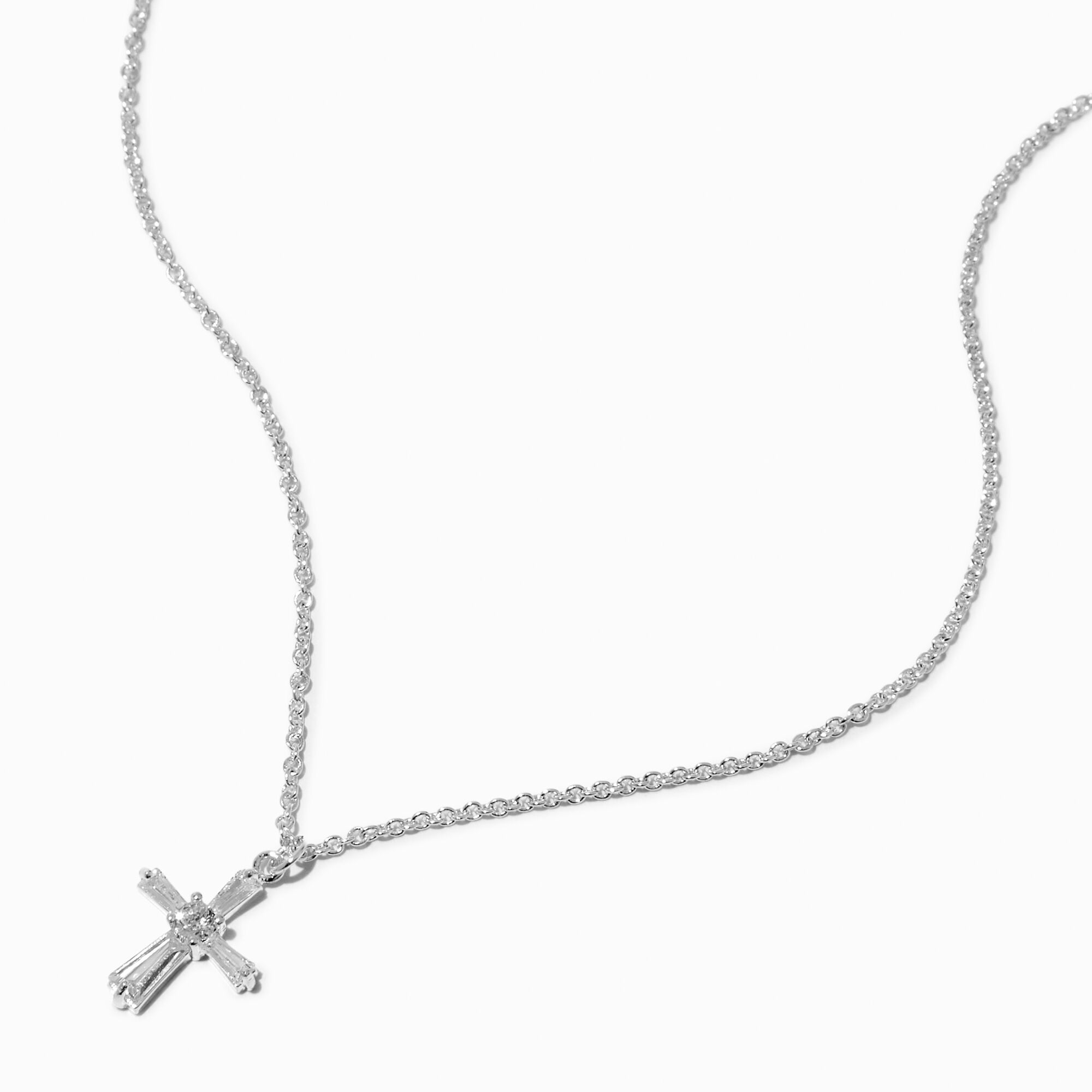 View Claires Tone Cubic Zirconia Cross Pendant Necklace Silver information