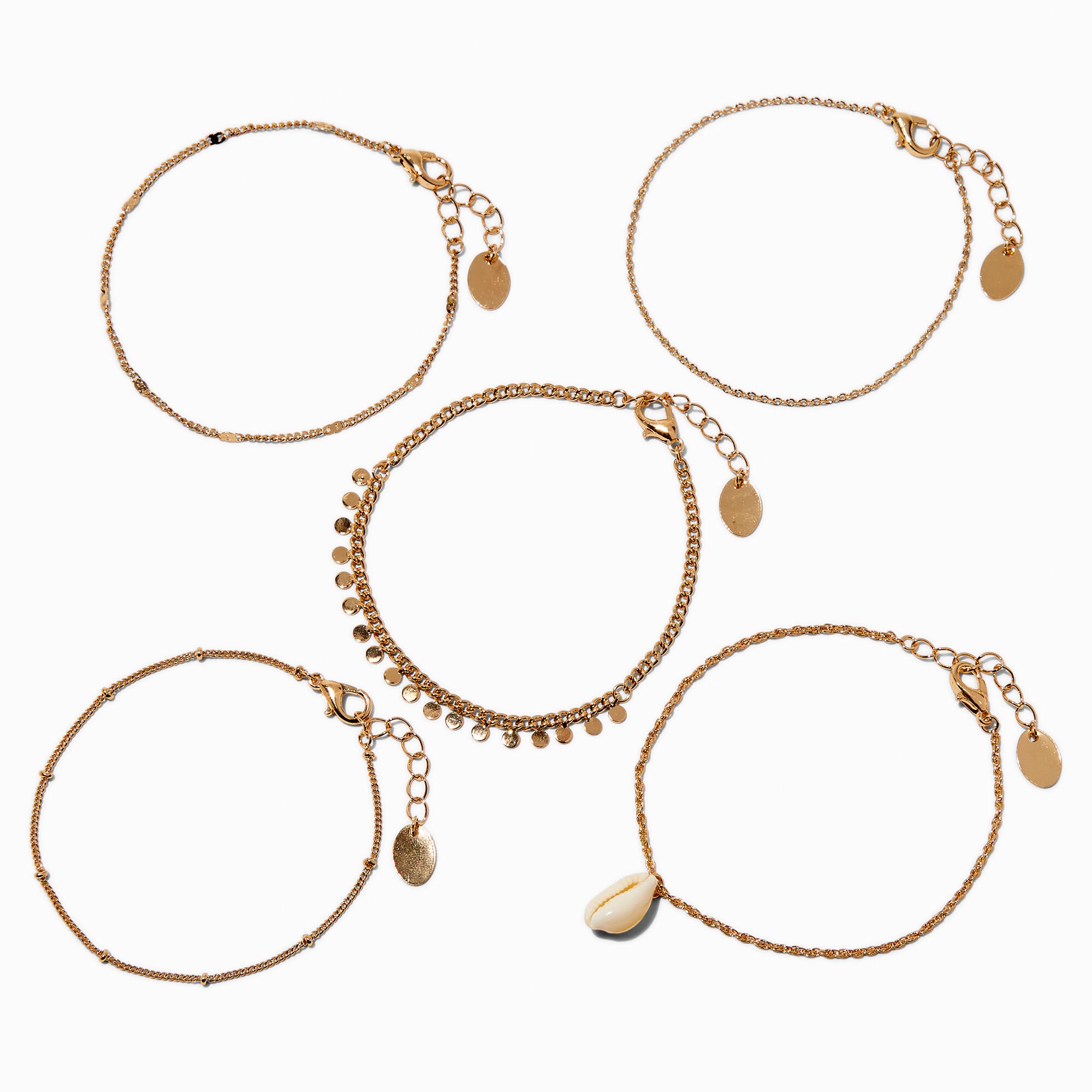 View Claires Tone Coin Shell Chain Bracelets 5 Pack Gold information