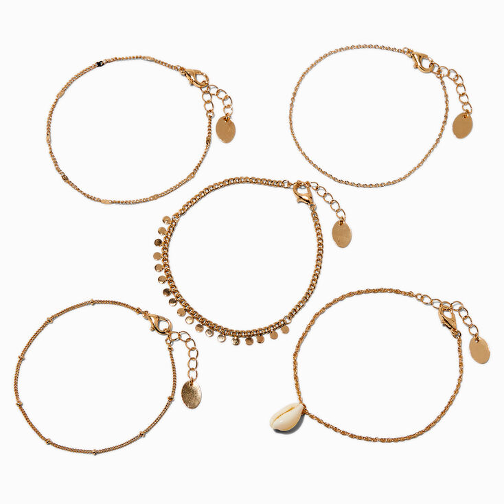 Gold-tone Coin &amp; Shell Chain Bracelets - 5 Pack ,