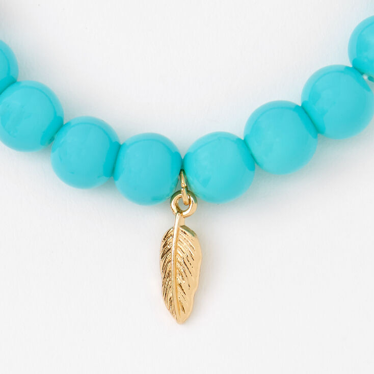 Bracelet &eacute;lastique perl&eacute; &agrave; plumes couleur dor&eacute;e - Turquoise,