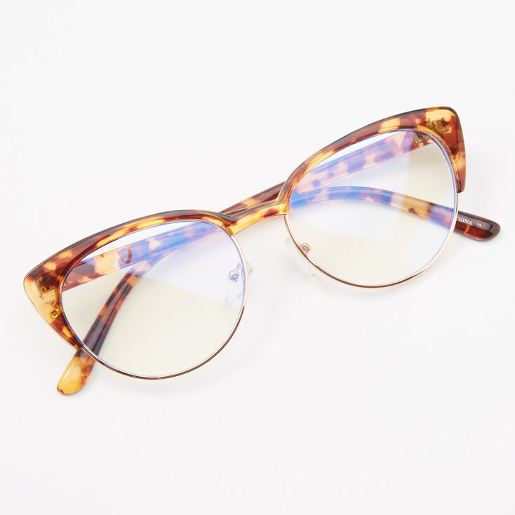 Tortoiseshell Blue Light Reducing Round Browline Clear Lens Cat Eye Frames - Brown,