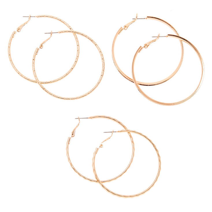 Rose Gold 50mm Hoop Earrings 3 Pack Claire S Us Rose Gold 50mm Hoop Earrings 3 Pack