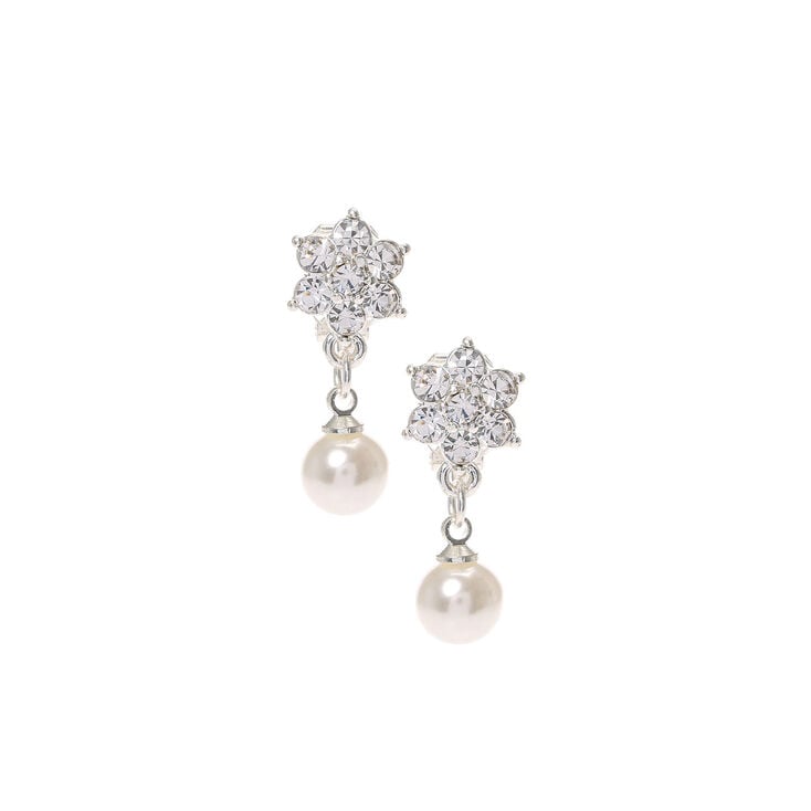 Crystal Flower Pearl Clip On Earrings,