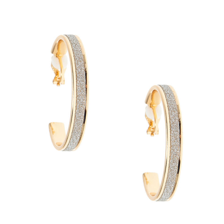 Gold 35MM Glitter Hoop Clip On Hoop Earrings - Silver,