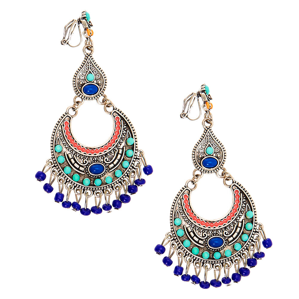 Silver 3" Beaded Clip On Drop Earrings,