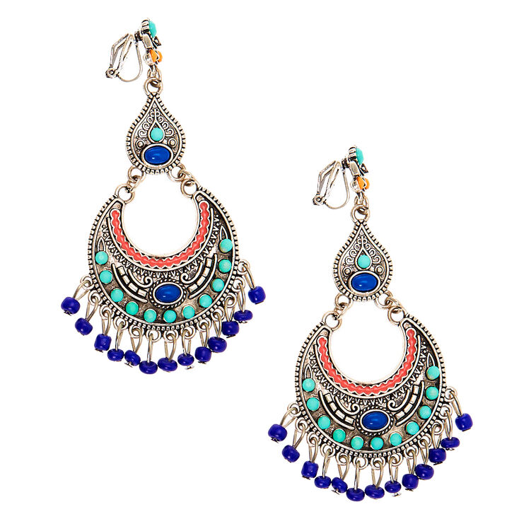 Silver 3&quot; Beaded Clip On Drop Earrings,