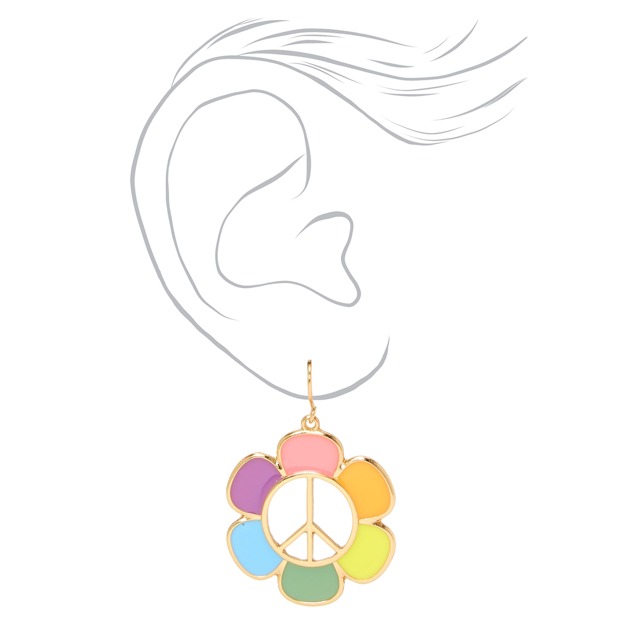 Gold 1.5" Rainbow Daisy Peace Sign Drop Earrings,