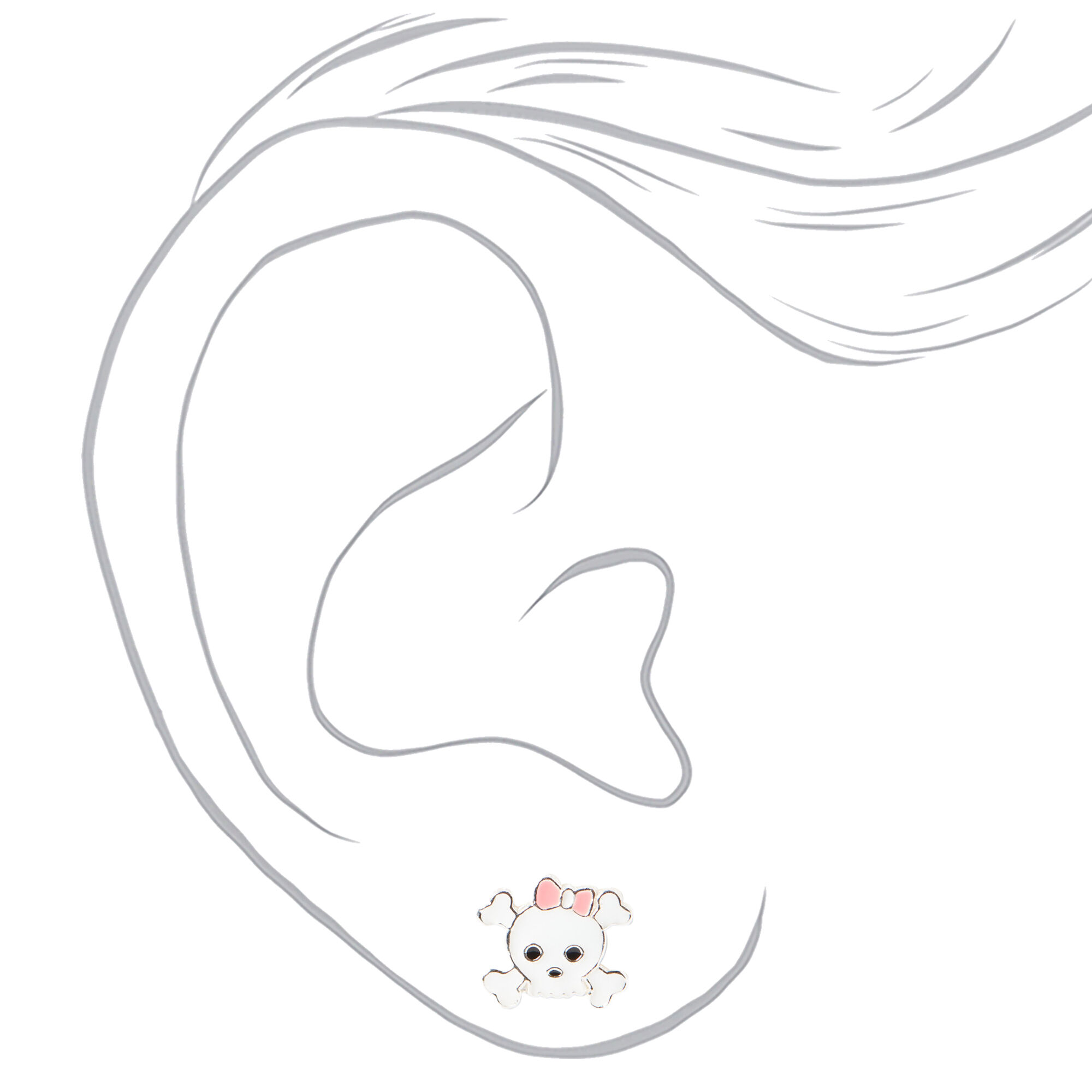 Sterling Silver Pink Bow Skull and Crossbones Stud Earrings,